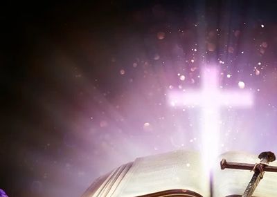 Open Bible with glowing cross, nail, crown of thorns, and purple cloth symbolizing Christ's sacrifice.
