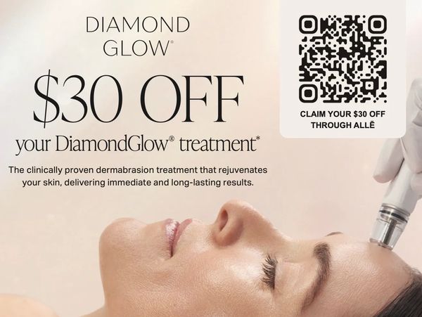$30 off DiamondGlow dermabrasion treatment shown on woman’s face.