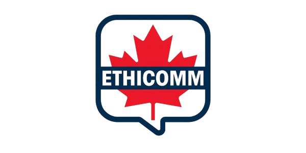Logo featuring a red maple leaf with 'ETHICOMM' text in a speech bubble.