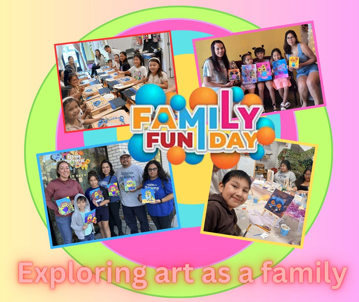 Families enjoying creative art activities together during Family Fun Day.