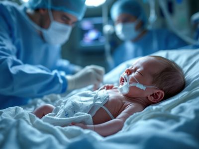 Newborn baby in intensive care with medical staff in the background.