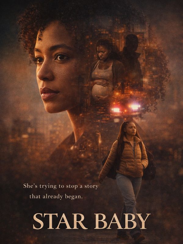 Movie poster for Star Baby featuring a woman's face and city imagery.