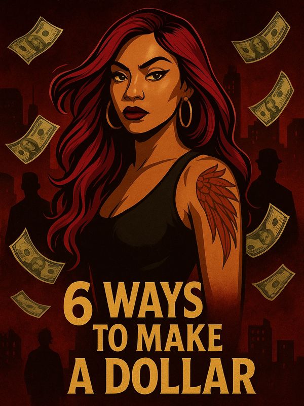Illustration of a confident woman with money and text.