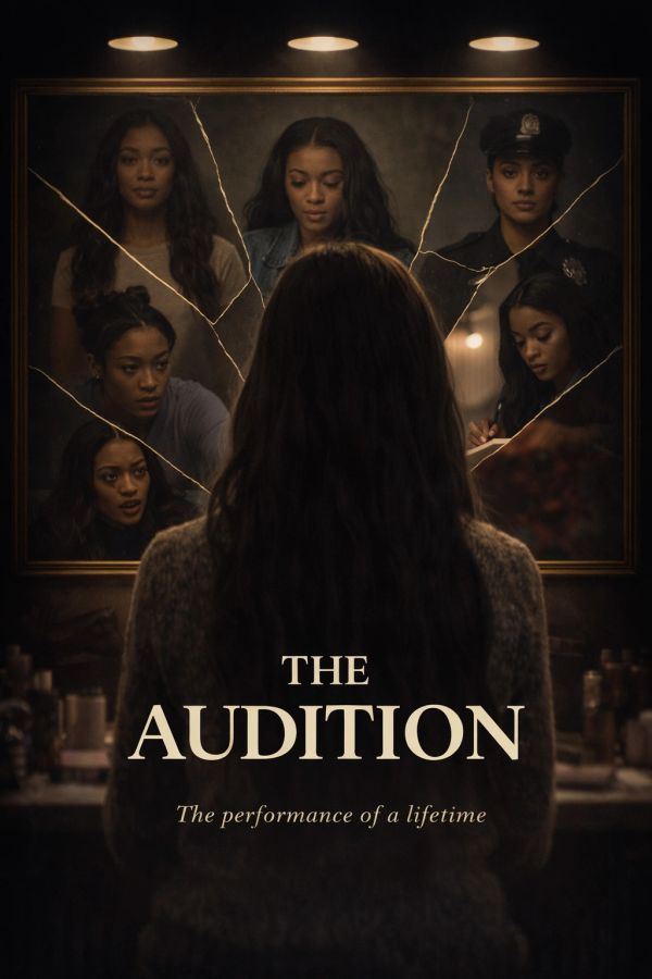 Woman faces broken mirror with multiple reflections in "The Audition" poster.