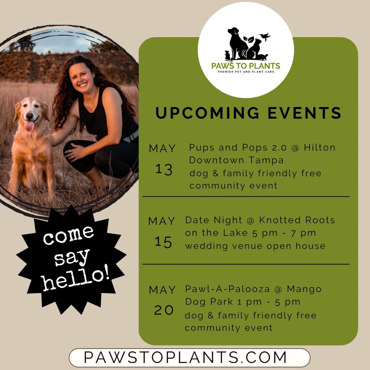 Upcoming pet-friendly events by Paws to Plants in May.