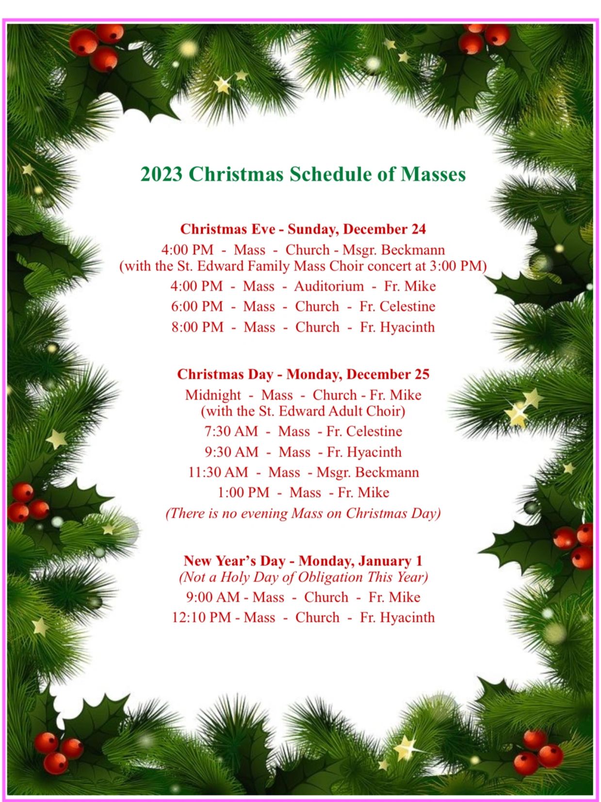 Christmas Mass Schedule St. Edward the Confessor Church