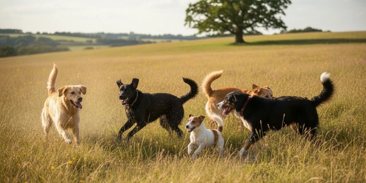 Hunde spielen ausgelassen in der Natur