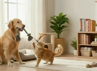 Spielende Haustiere, Katze und Hund spielen mit einem Seil