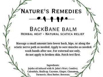 Label for Nature's Remedies BackBane Balm for sciatica relief.
