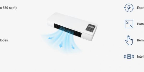 Image of a white portable air conditioner blowing cool air.