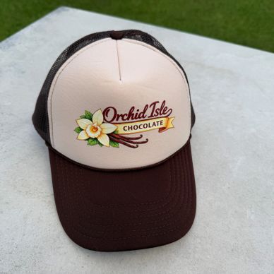 Brown and cream trucker hat with Orchid Isle Chocolate logo.