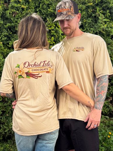 Couple wearing matching Orchid Isle Chocolate t-shirts.