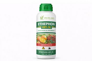 Bottle of Ethephon 48% SL plant growth regulator with hazard warning.