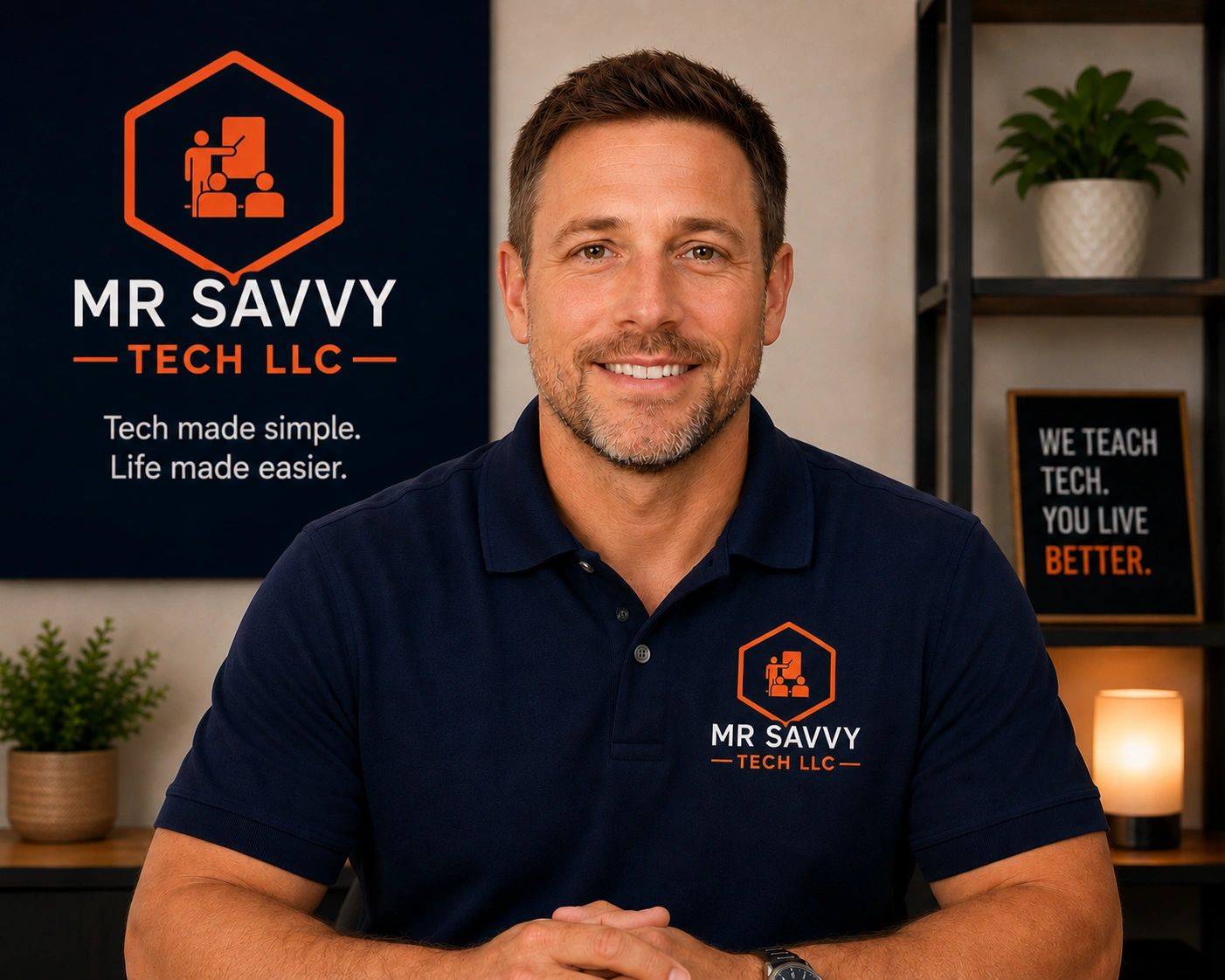 Smiling man promoting tech service Mr Savvy Tech LLC.