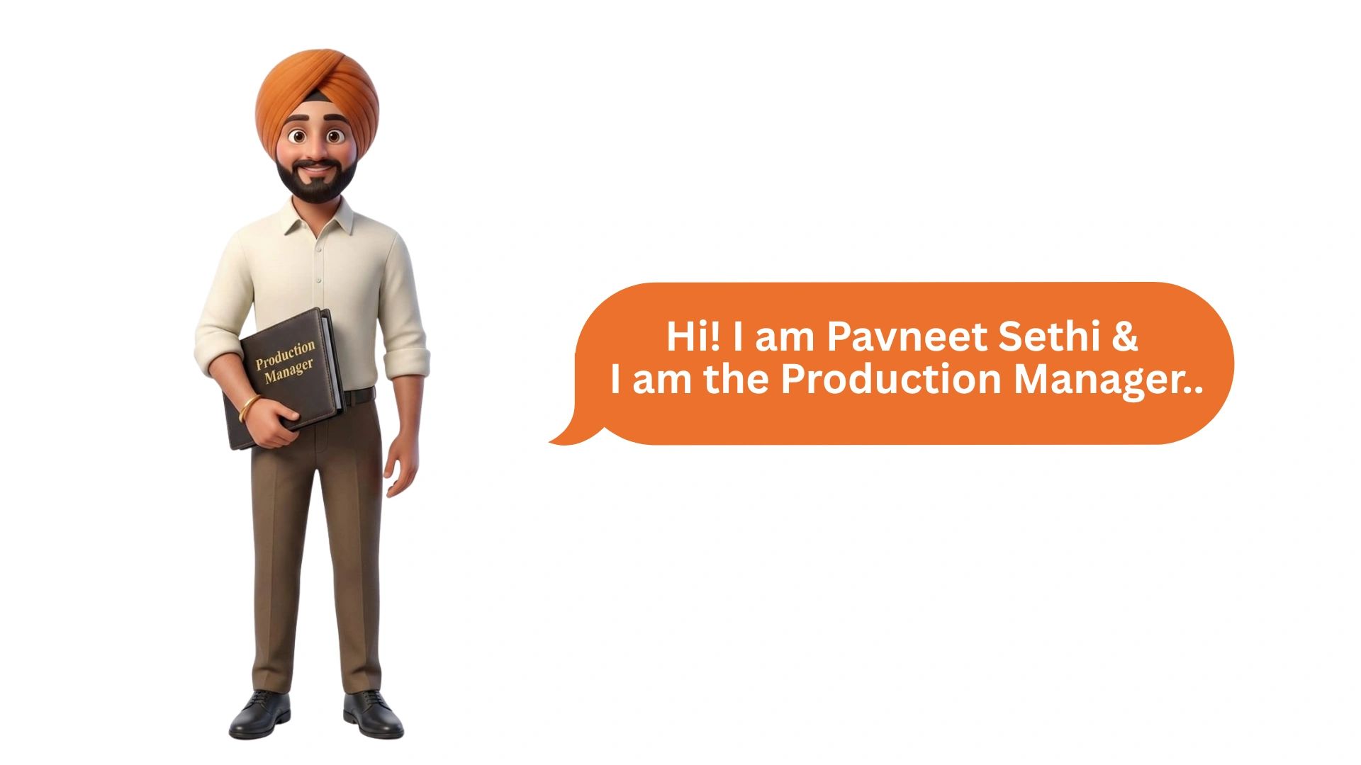 Animated man with turban holding a folder labeled Production Manager.
