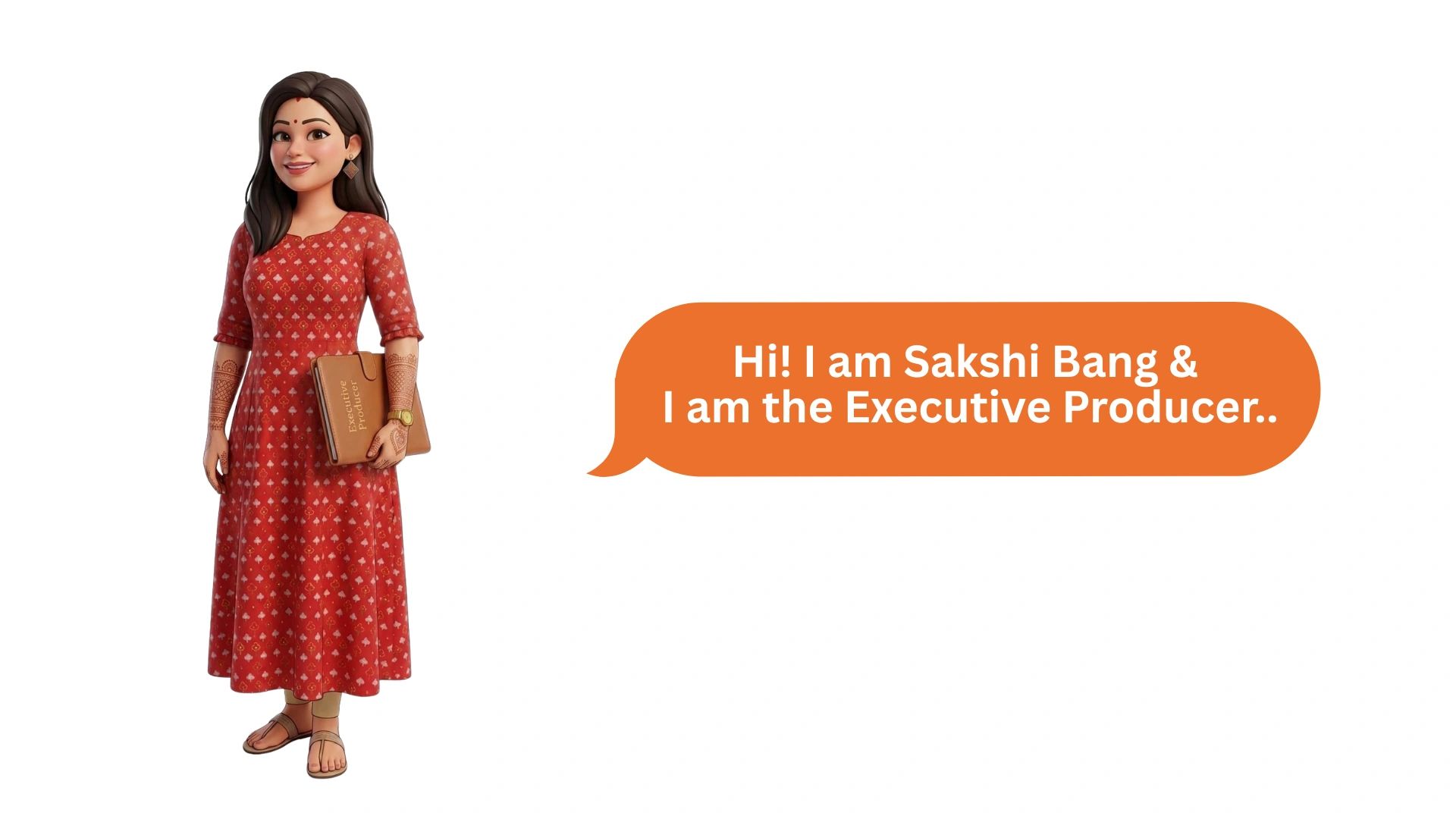 Animated woman in red holding a book introduces herself as Executive Producer Sakshi Bang.