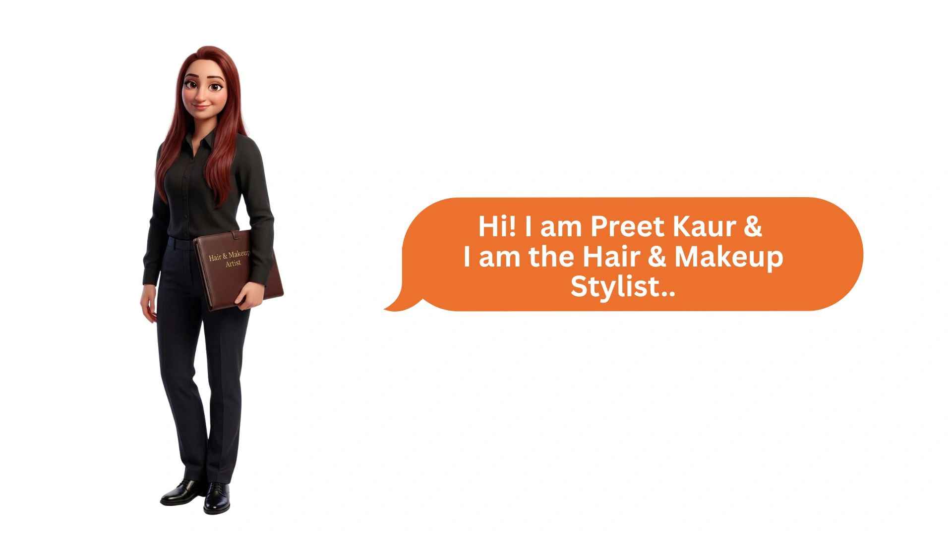 Animated woman named Preet Kaur introduces herself as a hair and makeup stylist.