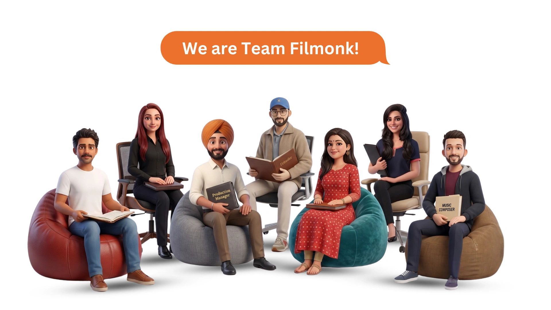 Cartoon team members of Filmonk sitting with books and tablets.