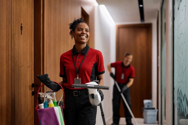 Two janitors cleaning a hallway, one holding a vacuum and smiling.