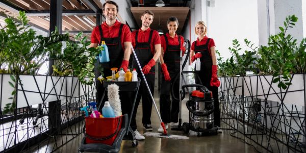 Four professional cleaners in red shirts and black aprons with cleaning tools.