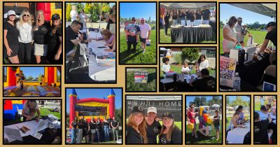Community event with people enjoying outdoor activities and a bounce house.