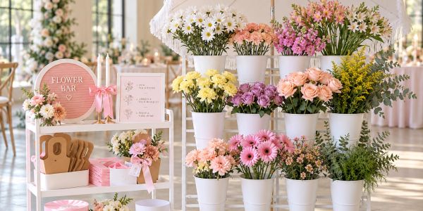Barras de flores en macetas blancas ordenadas en estante para evento.