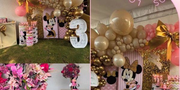 Fiesta de cumpleaños con tema de Minnie Mouse y decoración en tonos dorados y rosas.