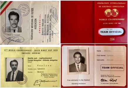 Four vintage football identification cards featuring black-and-white photos and official stamps.