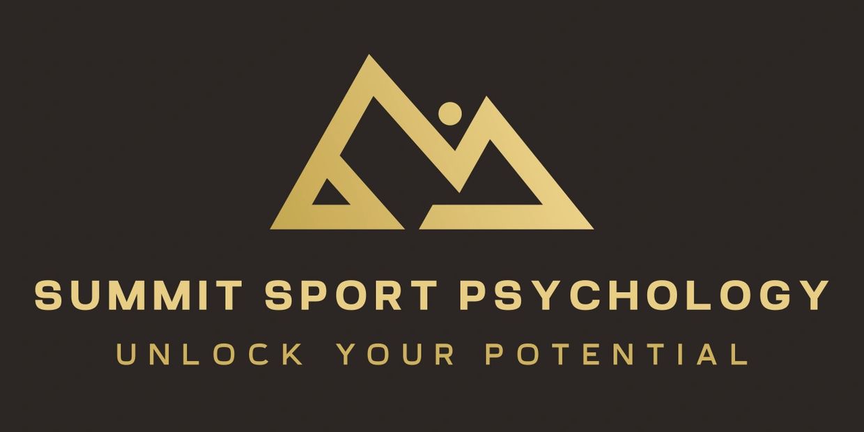 Gold mountain logo - minimalist - on black backgrorund that says Summit Sport Psychology.
