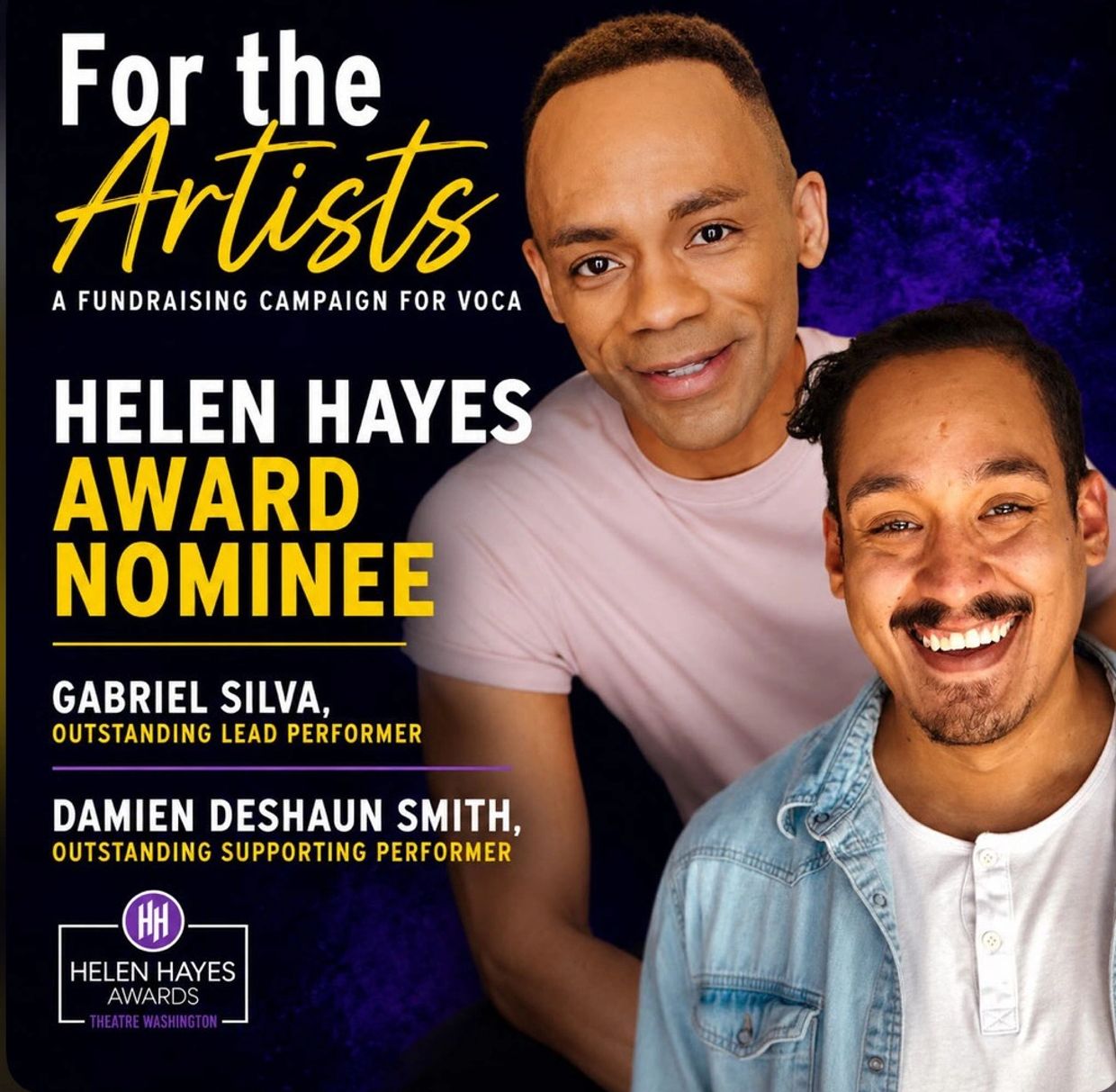 Two men honored as Helen Hayes Award nominees smiling.