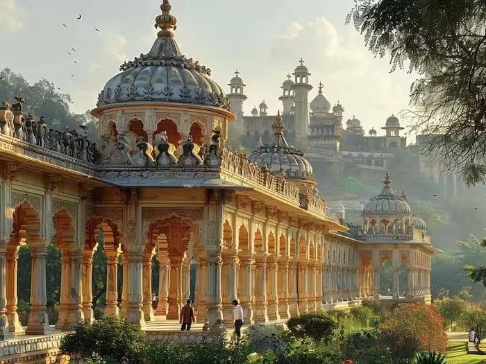 Ornate architectural corridor with domes and arches in a lush garden setting.