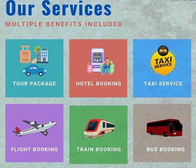 Icons illustrating services: tour, hotel, taxi, flight, train, and bus bookings.