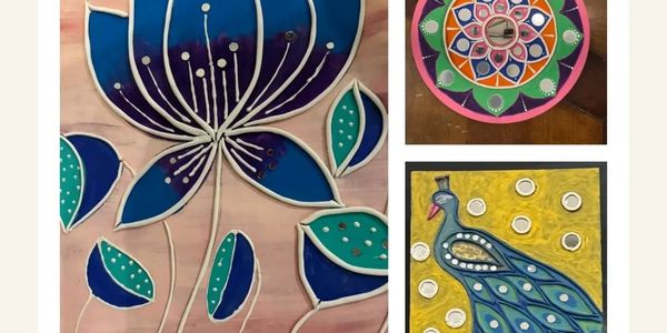 Three colorful handmade paintings featuring flowers, a mandala, and a peacock.