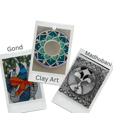 Three types of Indian art: Gond, Clay Art, and Madhubani.