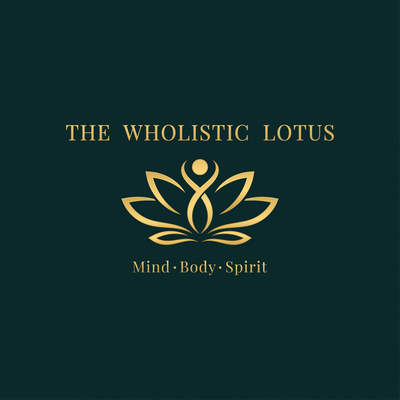 Elegant gold lotus logo with 'The Wholistic Lotus' and 'Mind Body Spirit' text on dark background.