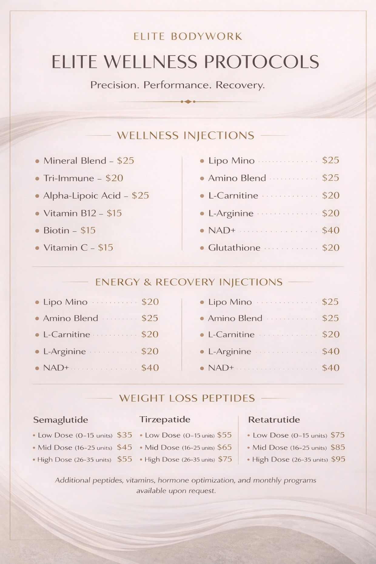 Elite Bodywork wellness protocols with injections and peptides for precision health.