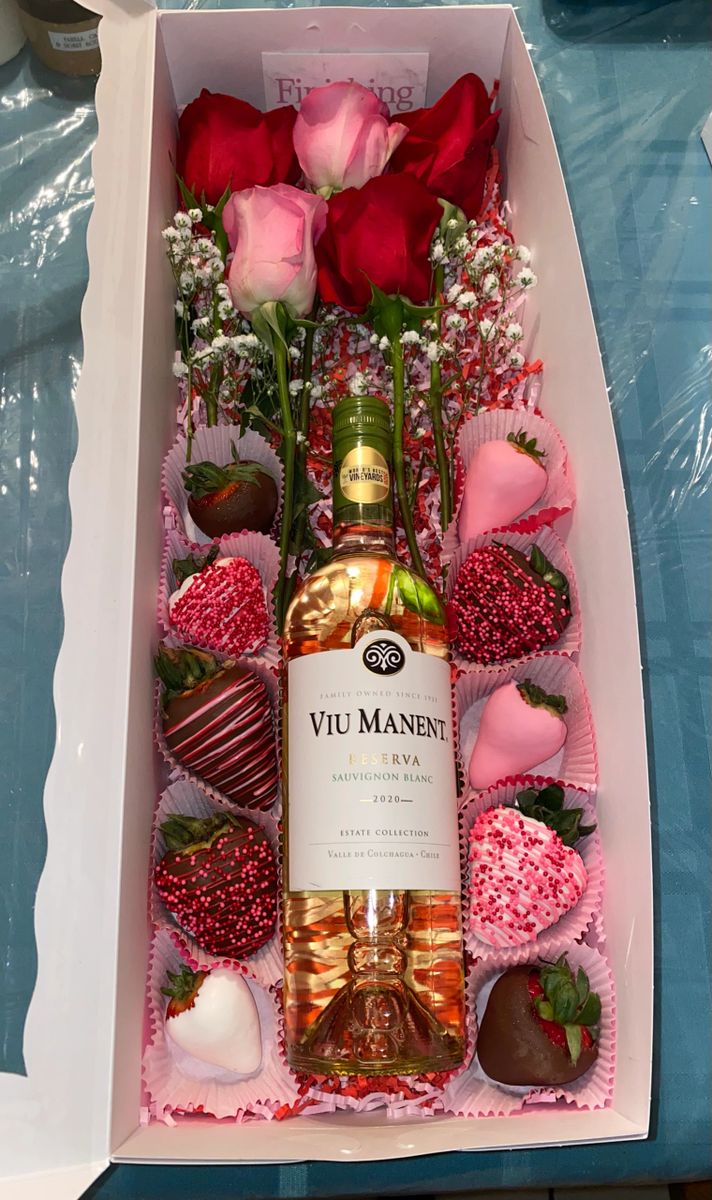 Wine, Flowers and Chocolate Covered Strawberries Gift Box
