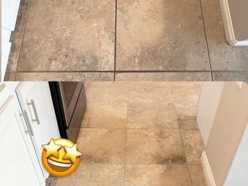 Before and after floor tile cleaning and polishing.