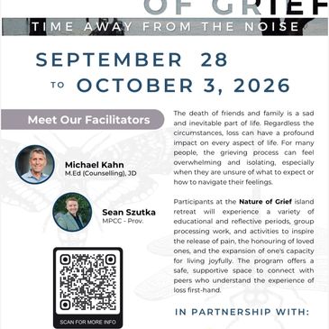 Flyer for a grief retreat with facilitators and event details from September 28 to October 3, 2026.