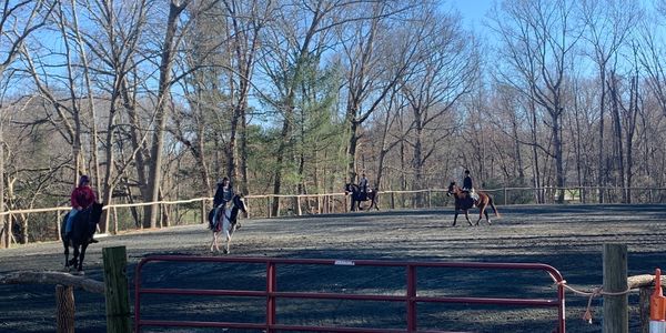 Image of 4 people riding their horses on the arena.
