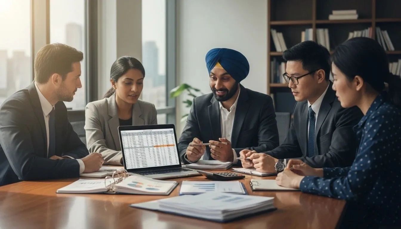 Diverse business team discussing data on a laptop in a meeting room.