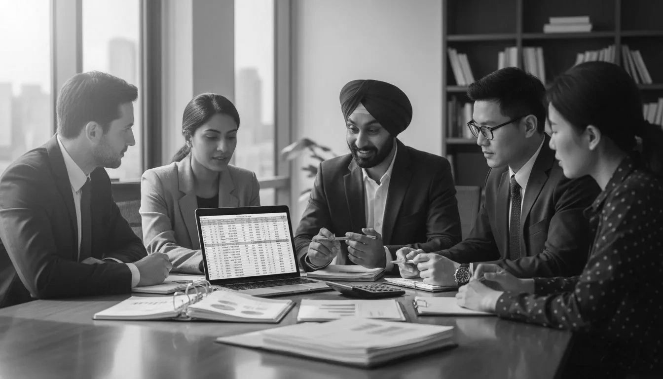 Diverse business team discussing data on a laptop in a meeting room.