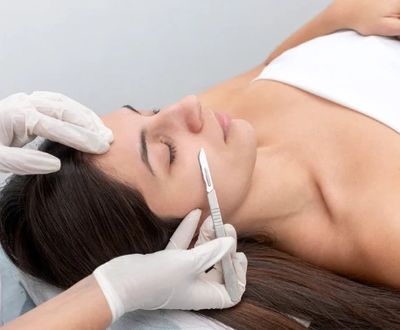 A woman receiving a facial scalpel treatment in a clinical setting.