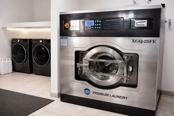 Modern commercial laundry machines in a clean, well-lit room.