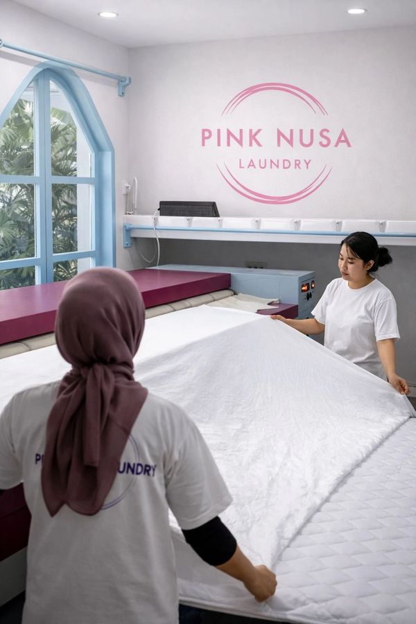Two women preparing a large white sheet in Pink Nusa Laundry.