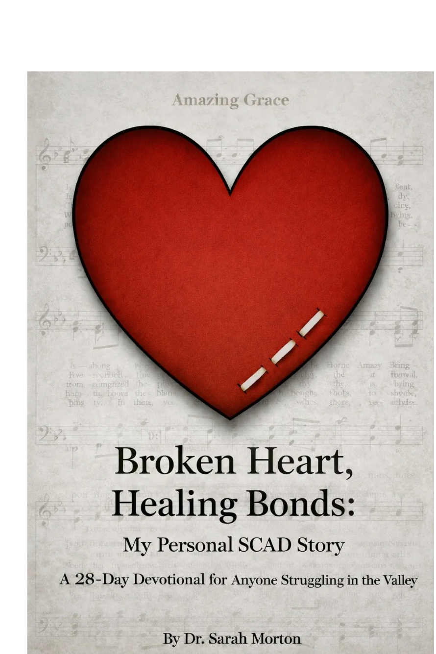 Book cover with a stitched red heart symbolizing healing and hope.