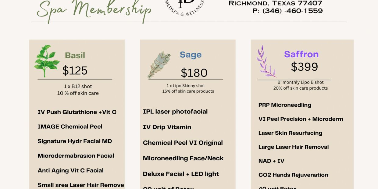 Spa membership plans with treatments and prices.