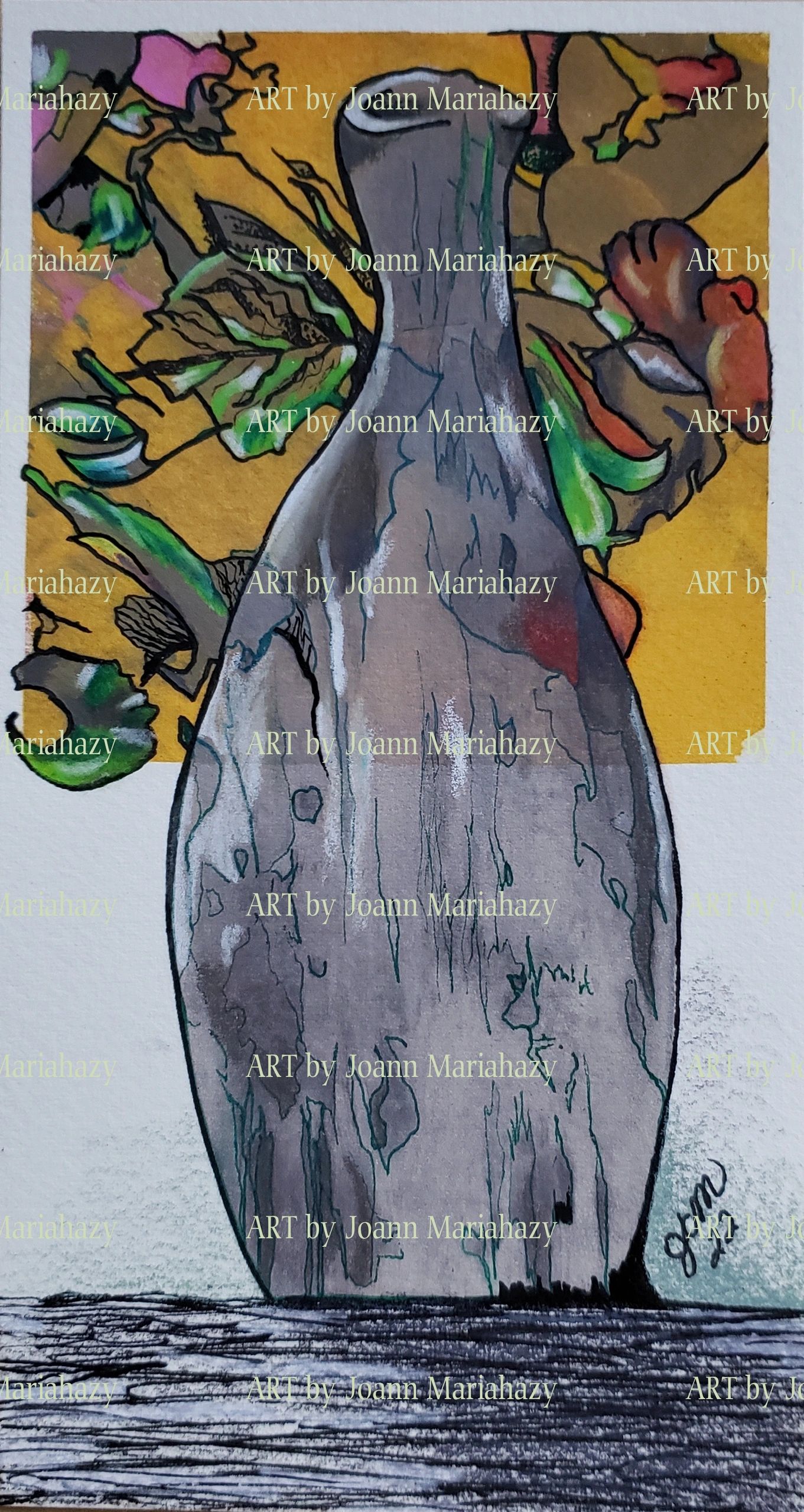 "Vessel & Wallpaper" This image is a multi-media monoprint - screen prnt, with Colored Pencil & Ink.