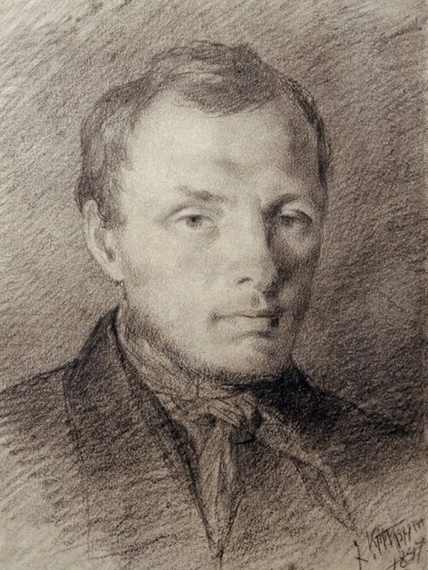 Charcoal portrait of a man with a serious expression and a scarf tied around his neck.
