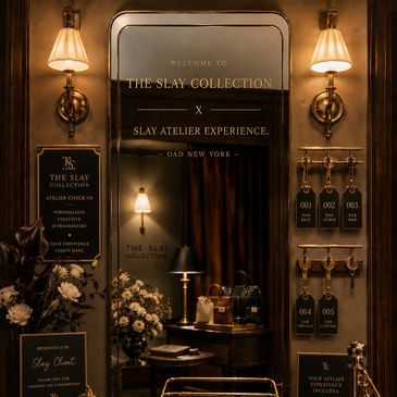 Elegant reception area of The Slay Collection with warm lighting and vintage decor.